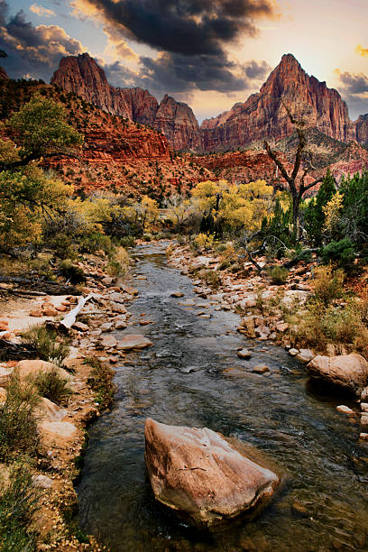 The Subway Zion Slot Canyon with Water and Reflections - Scenic view of this iconic Zion hike. Cascading pools of water and red rock canyon reflections. Zion National Park, Utah USA.