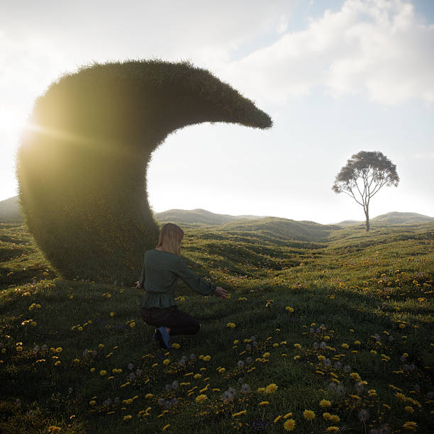 A woman kneels in a sunlit field beside a crescent-shaped natural structure, symbolizing harmony and connection between humans and the living landscape. (3d render)