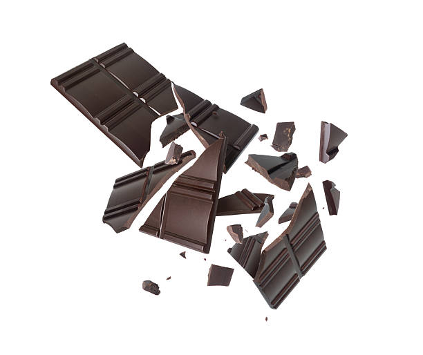 istock Broken dark chocolate bar with flying pieces in the air on white background 2248257371