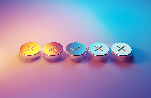 Metallic X mark and checkmark icons illuminated by blue and magenta lights on blue background.