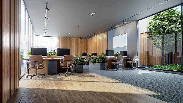 istock Open Plan Office Interior with Wooden Paneling and Large Windows 2248261936