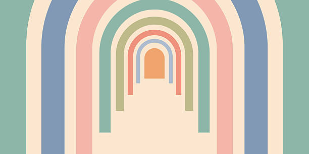 Psychedelic background with colorful arches in pastel retro tones. Groovy abstract frame design with curved lines for posters, wallpapers, prints, and modern decorative projects.