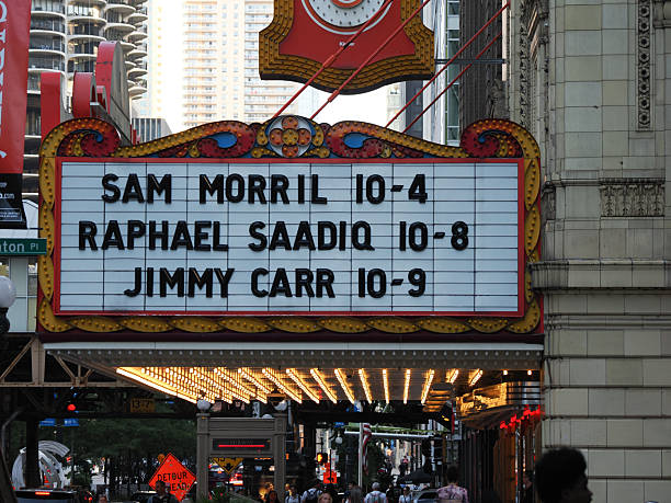 Chicago, IL - September 17, 2025: Close-up of the Chicago Theatre marquee advertising performances by Sam Morrill, Raphael Saadiq, and Jimmy Carr.