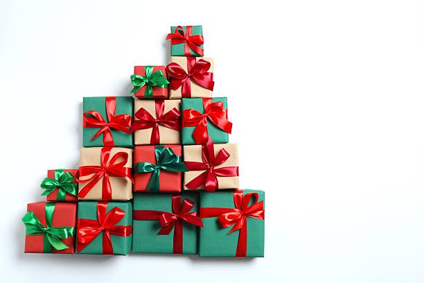 istock Gift boxes in the form of a Christmas tree on a white background, top view 2248266646