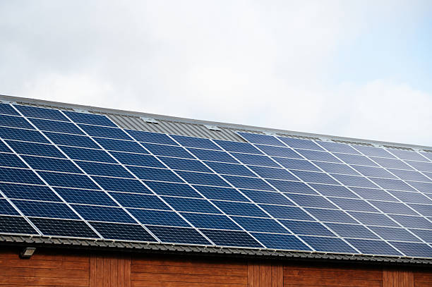 A sustainable warehouse building with wooden facade and solar panels on its rooftop