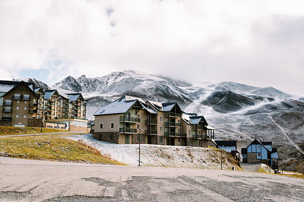 Facades of houses and apartments in the french Pyrenees. Peyresourde.
