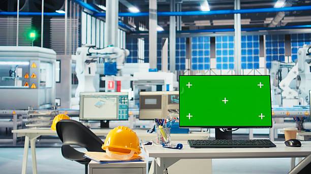 istock Mockup PC in empty solar panels manufacturing plant used to optimize layouts 2248283308