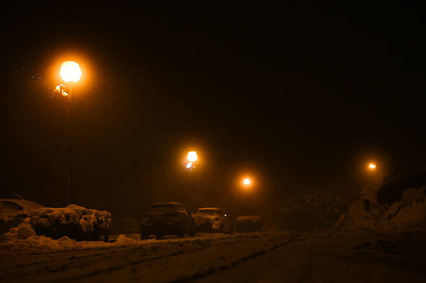 Street lights shining through heavy snowfall at night, creating a mysterious, cold, and desolate winter scene