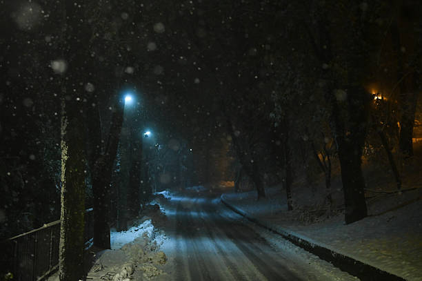 Snow falling on a deserted street at night illuminated by street lights