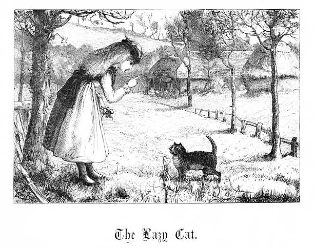 Girl scolds cat a farm. Poem, nursery rhyme, song. Illustration published 1872. Original edition is from my own archives. Copyright has expired and is in Public Domain.