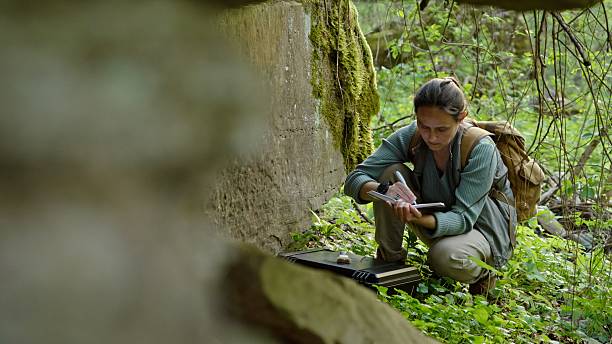 Woman explorer searching for evidence of ancient civilizations in rainforest region. She explores petroglyphs in ancient rock dwellings & analysing drawings.
