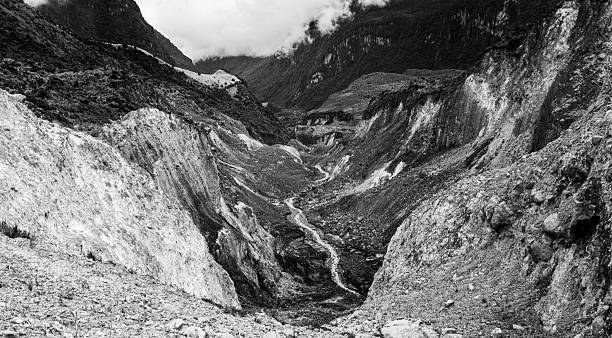 Deep valley filled with rugged terrain, a flowing river, and cloudy skies