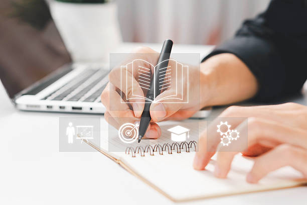 istock e-learning on a laptop. learning icon, library on the internet website. concept of lesson learning e-book training digital online. course education in webinar technology 2248300890