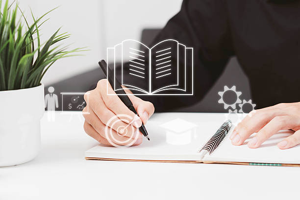 istock e-learning on a laptop. learning icon, library on the internet website. concept of lesson learning e-book training digital online. course education in webinar technology 2248300942