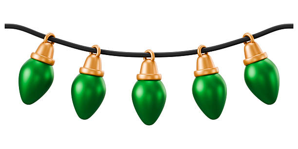 istock Green 3D light bulb string. Minimal cute festive glowing border element for sale banner. 2248303994
