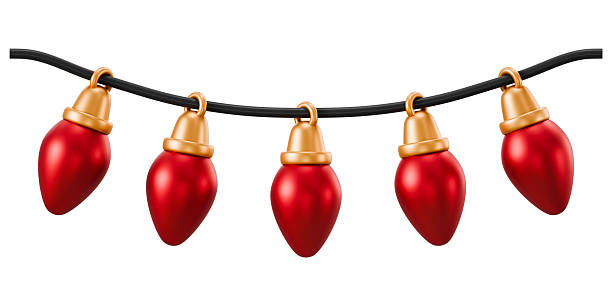 istock Red 3D light bulb string. Minimal cute festive glowing border element for sale banner. 2248304102