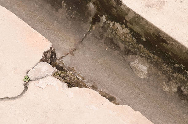 istock Sharp, broken concrete slab and drain, marked by severe cracks, erosion, and moss. A tiny green sprout symbolizes nature's persistence in aging, broken infrastructure. 2248311642