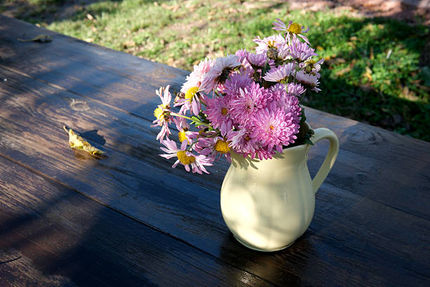 Bright pink flowers fill a cream pitcher resting on a sunlit wooden table.