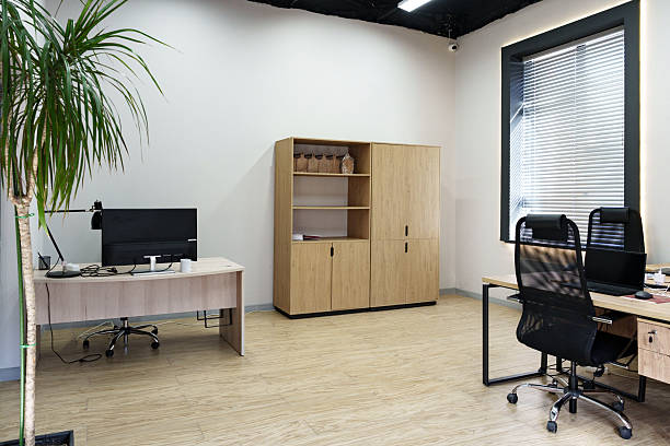 A clean and organized office space featuring desks, chairs, and a potted plant.
