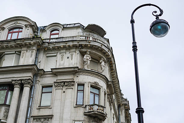 Ornate Historic Building Corner with Street Lamp on an Overcast Day
