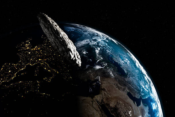 3I/ATLAS asteroid on collision course toward Earth, captured from space. The Earth’s curvature, illuminated continents, and deep blue oceans contrast starkly with the dark void of space and the rocky, irregular asteroid. Themes of planetary defense, space hazards, and global extinction risk, conveying both awe and urgency.