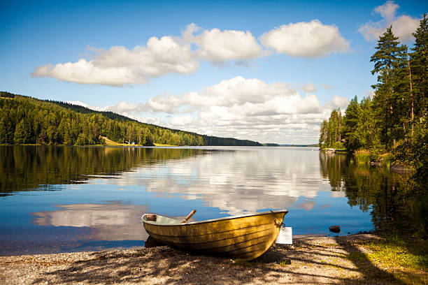 Yellow small boat on the shoe of a lake in Finland