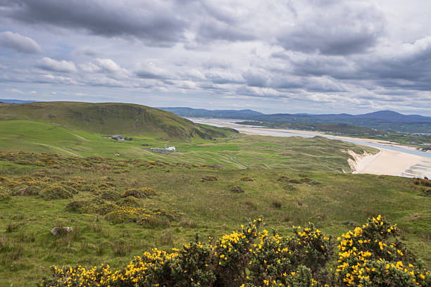 aerial view on Five Fingers Beach on the Inishowen peninsula with the sand dunes, known as the tallest grass dunes in Europe; Donegal, Ireland