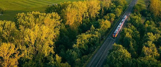 istock Aerial view of a train amidst lush green forest and fields. 2248329245