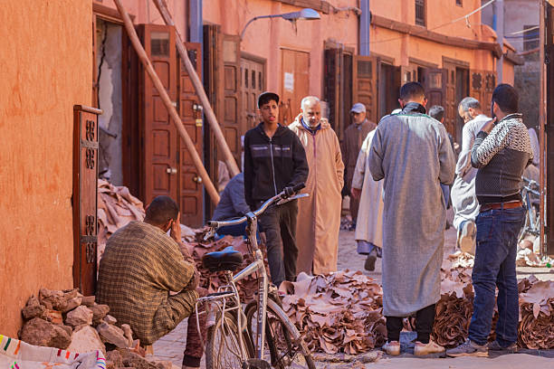 Marrakech, Marocco - February 22, 2024; men on a leather market in central Marrakech
