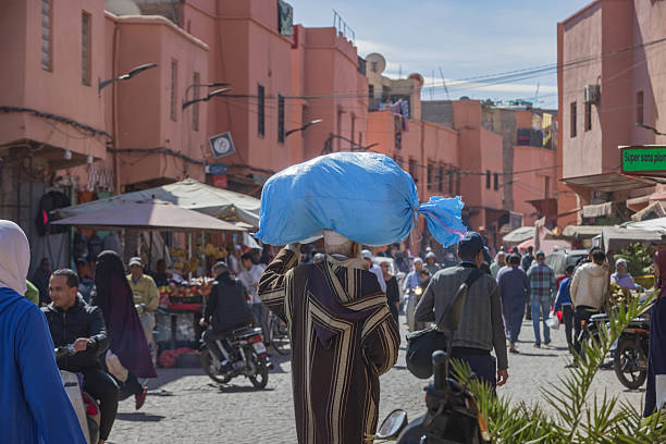 Marrakech, Marocco - February 22, 2024: lively street scene in central Marrakech