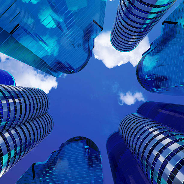 3d render.  From Ground Up view of tall blue glass skyscrapers forming a urban canyon. Modern architecture, reflective facades, and bright sky convey energy, ambition, and the scale of a contemporary city.