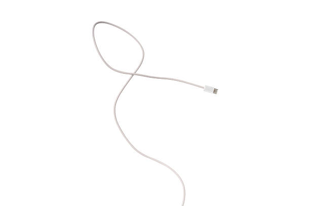 White fabric-braided USB Type-C cable isolated on a white background. Ideal for concepts related to business technology, data transfer, connectivity and fast charging for modern devices.