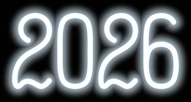 istock 2026. Neon. White shining number. New Year. Color vector illustration. Isolated on black background. 2248336629