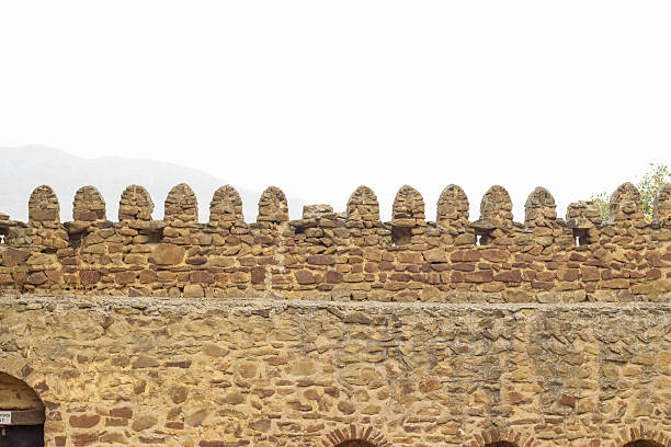 A detailed view of the defensive stone wall at David Gareji, featuring its characteristic rounded crenellations built from hand-laid local stone. The weathered textures and traditional masonry reflect the centuries-old architectural heritage of this historic monastic complex on Georgia’s desert frontier.