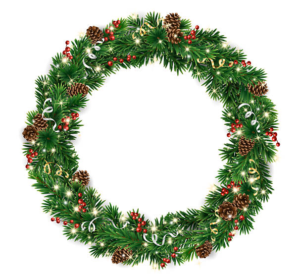 istock Realistic Christmas wreath made of pine branches, cones, and glowing lights. Festive green holiday decoration. Transparent background in vector file. 2248342723