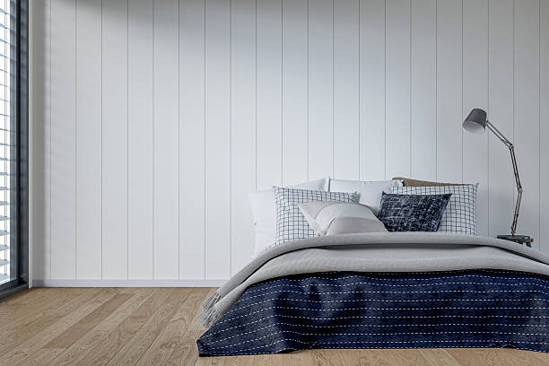 Modern bright bed room interiors 3D rendering illustration computer generated image