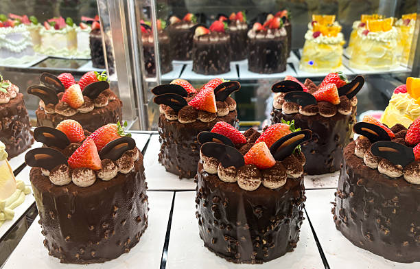 Chocolate cake in the shop window