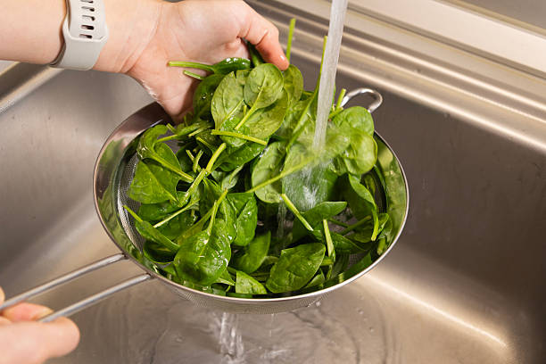 istock washing fresh spinach in a drainer at kitchen sink 2248353726