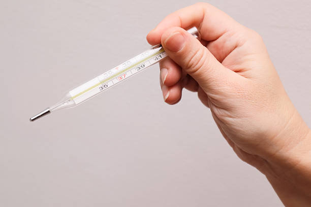 istock Young woman hands holding mercury thermometer. Measuring temperature. 2248355229