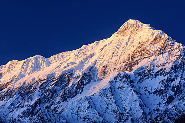 Annapurna Himalaya mountains landscape on a trek. Himalayan glacier snow peaks view. Glacier landscape and views of Himalayas. Himalaya glaciers trek, Nepal high altitude trekking Annapurna South view