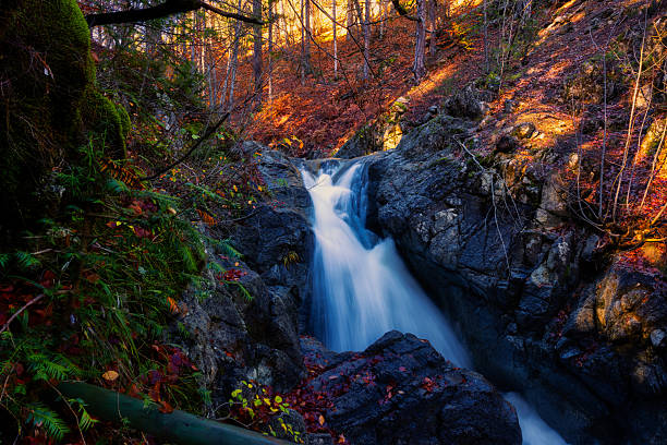 Cascading Boulouvaros waterfalls in autumn forest near Milea village, Metsovo area, Epirus region, Greece.
