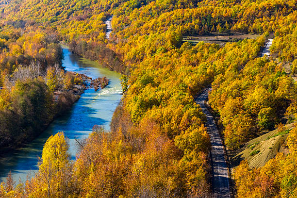Aerial view of Venetikos River curving through vibrant autumn forest in Western Macedonia, Greece, with a parallel road blending into the natural landscape.