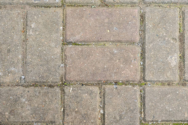 istock Textured concrete slabs with emerging moss and scattered particles on outdoor ground surface. 2248365506