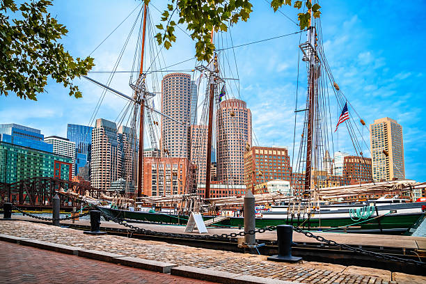 istock Boston, MA. Courthouse Docks wooden sailboat and Boston skyline 2248367205
