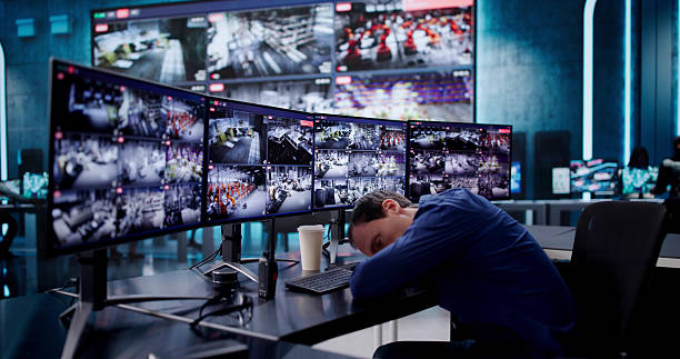 Sleeping Security Guard Monitoring Multiple CCTV Cameras