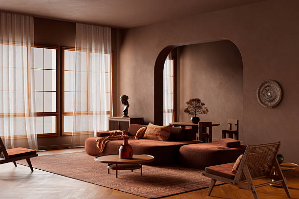 istock Wide-angle organic modern composition with airy balance, layered materials, sculptural forms, and warm textures using natural lighting for a calm, tactile contemporary interior. 3D illustration 2248372335