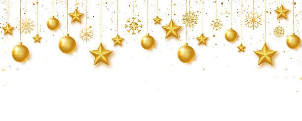 istock Gold stars, balls and snowflakes background. Celebration frame. Bright Holiday ornament. Luxury hanging baubles. Christmas 3d gold glass toys. Festive glitter design elements. Vector illustration 2248373309