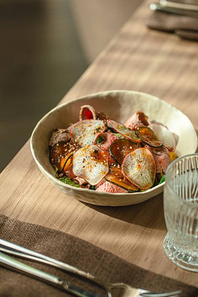 istock Bowl with salad, sliced roast beef and radish 2248373720