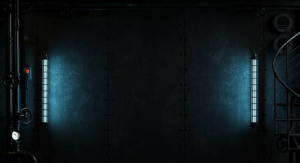 istock Dark Steampunk Wall Background with Blue Neon Tube Lights 2248378376