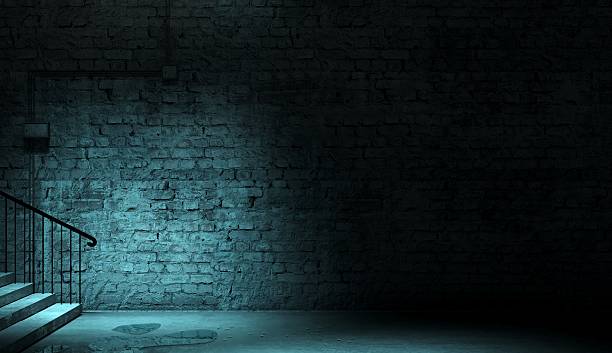 istock Dark Alley Brick Wall Background with Blue Street Light 2248378594